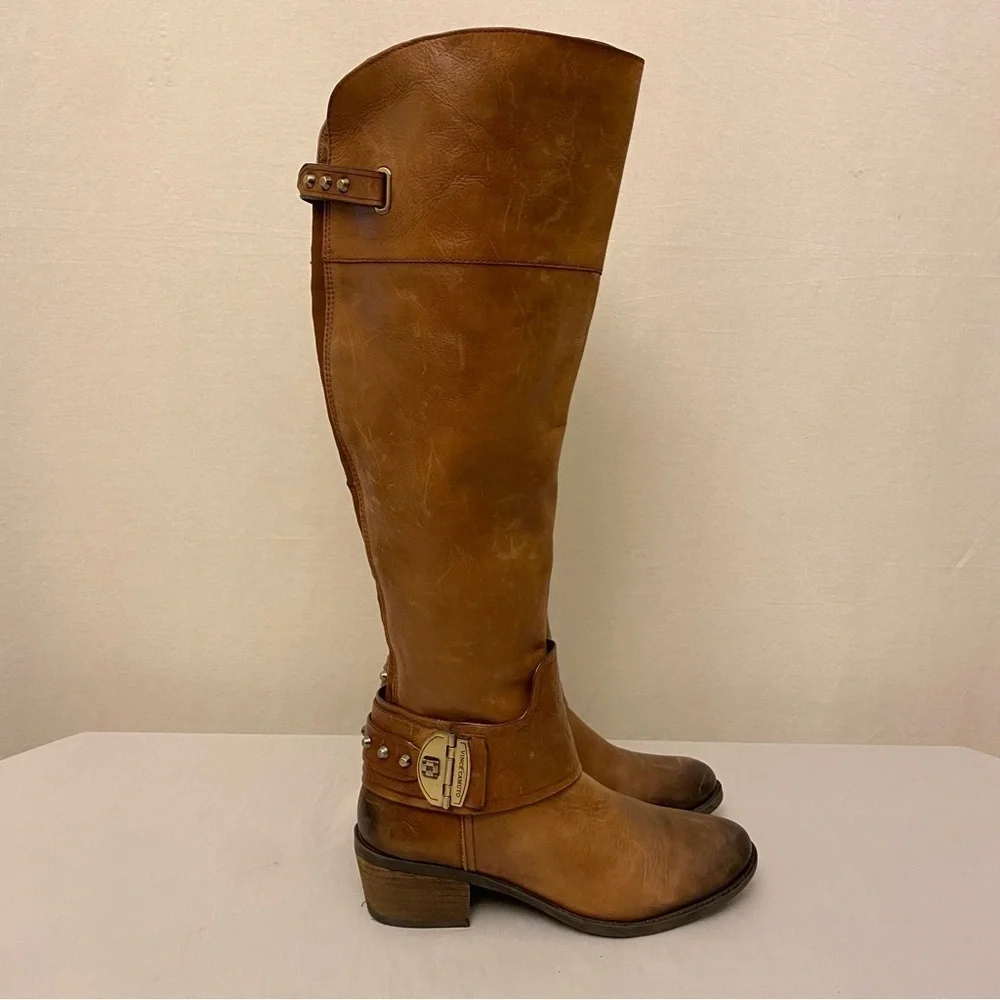 Vince Camuto 6.5 Leather Knee Boots Brown Harness Women’s Zippers Logo